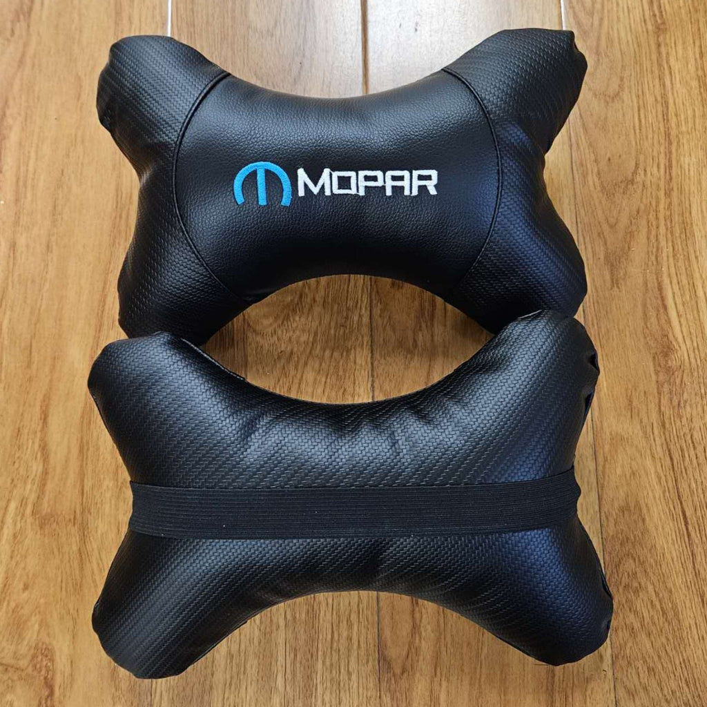 BRAND NEW 2PCS MOPAR BONE SHAPE CARBON FIBER LEATHER CAR SEAT NECK PILLOW HEADREST CUSHION