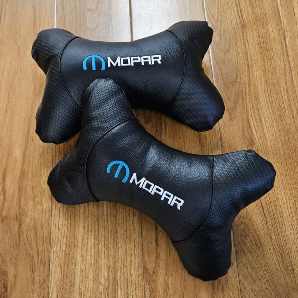 BRAND NEW 2PCS MOPAR BONE SHAPE CARBON FIBER LEATHER CAR SEAT NECK PILLOW HEADREST CUSHION