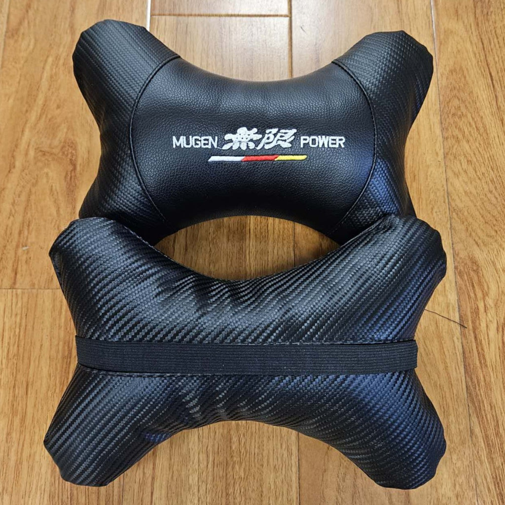 BRAND NEW 2PCS MUGEN POWER BONE SHAPE CARBON FIBER LEATHER CAR SEAT NECK PILLOW HEADREST CUSHION