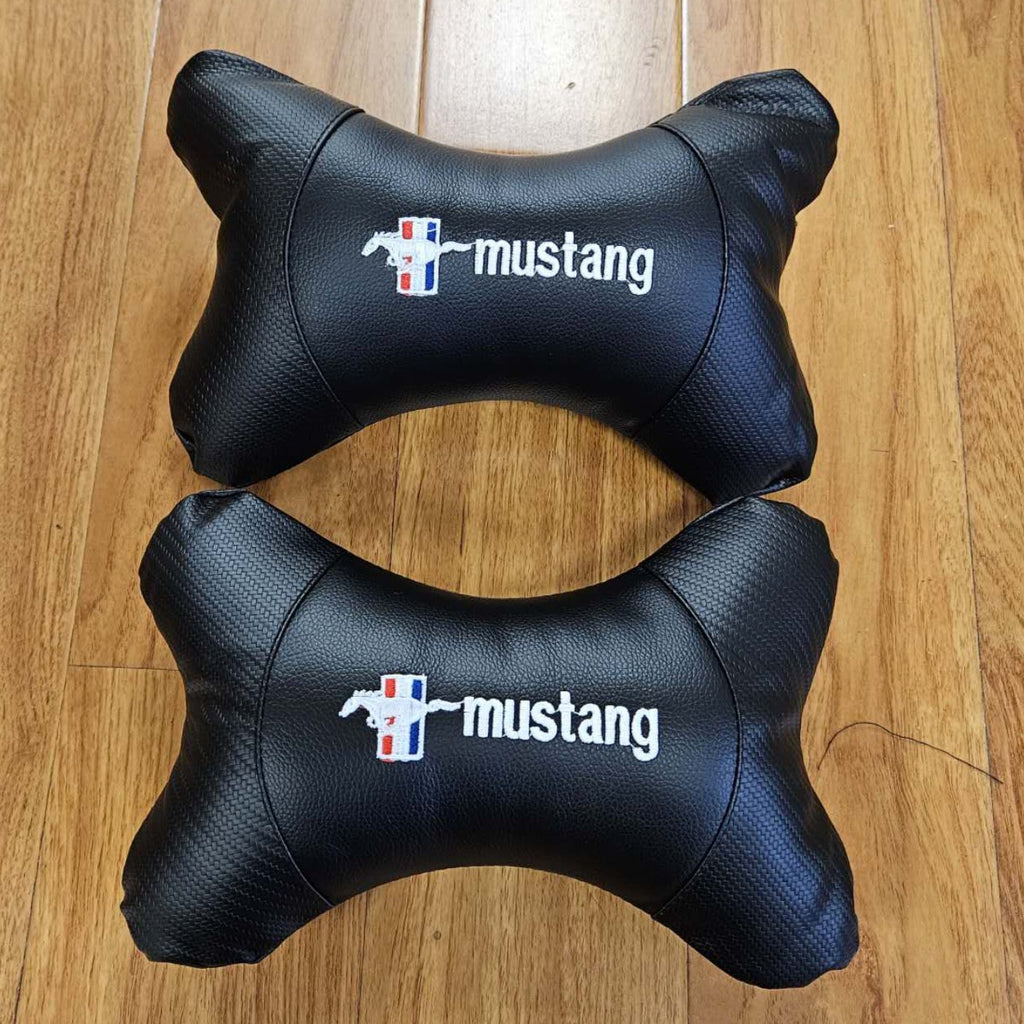 BRAND NEW 2PCS MUSTANG BONE SHAPE CARBON FIBER LEATHER CAR SEAT NECK PILLOW HEADREST CUSHION