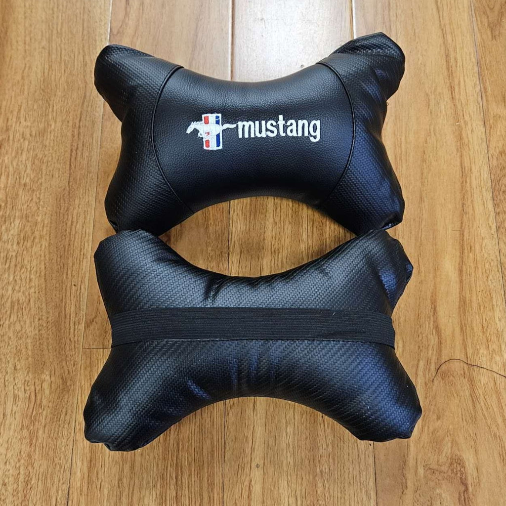 BRAND NEW 2PCS MUSTANG BONE SHAPE CARBON FIBER LEATHER CAR SEAT NECK PILLOW HEADREST CUSHION