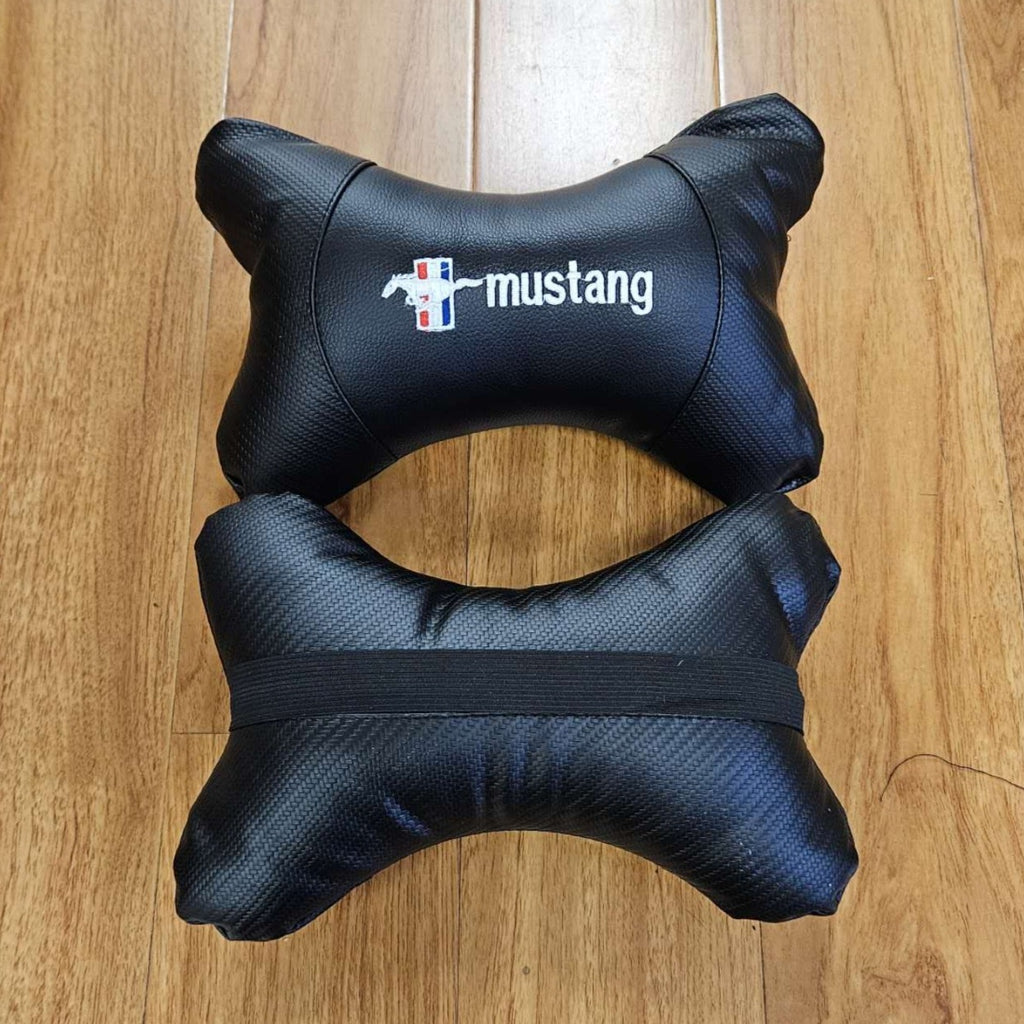 BRAND NEW 2PCS MUSTANG BONE SHAPE CARBON FIBER LEATHER CAR SEAT NECK PILLOW HEADREST CUSHION