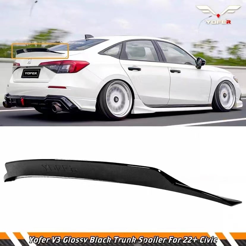 BRAND NEW 2022-2025 HONDA CIVIC 4DR SEDAN YOFER V3 GLOSSY BLACK HIGHKICK Duckbill Trunk Spoiler