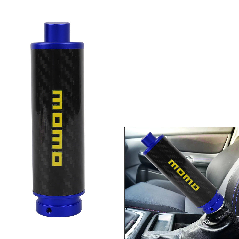 BRAND NEW UNIVERSAL 1PCS MOMO Real Carbon Fiber Car Aluminum Blue Handle Hand Brake Sleeve Protector Fitment Cover