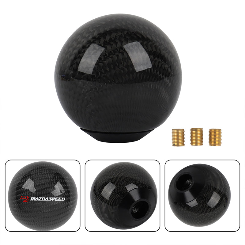 Brand New Universal Mazdaspeed Car Gear Shift Knob Round Ball Shape Black Real Carbon Fiber M8 M10 M12