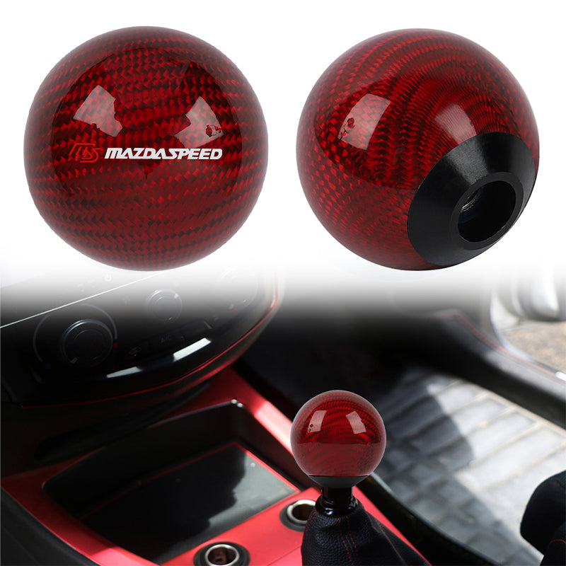 Brand New Universal Mazdaspeed Car Gear Shift Knob Round Ball Shape Red Real Carbon Fiber M8 M10 M12