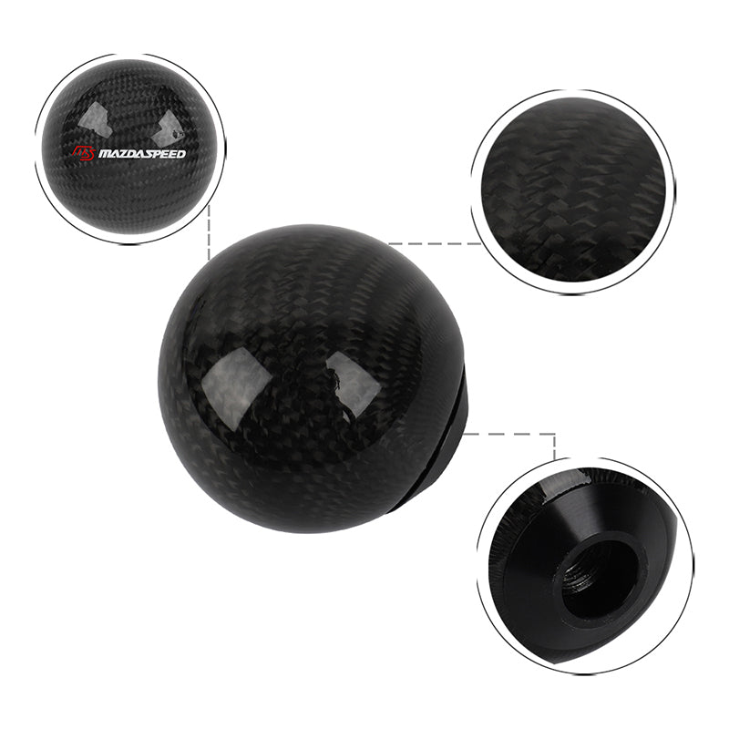 Brand New Universal Mazdaspeed Car Gear Shift Knob Round Ball Shape Black Real Carbon Fiber M8 M10 M12