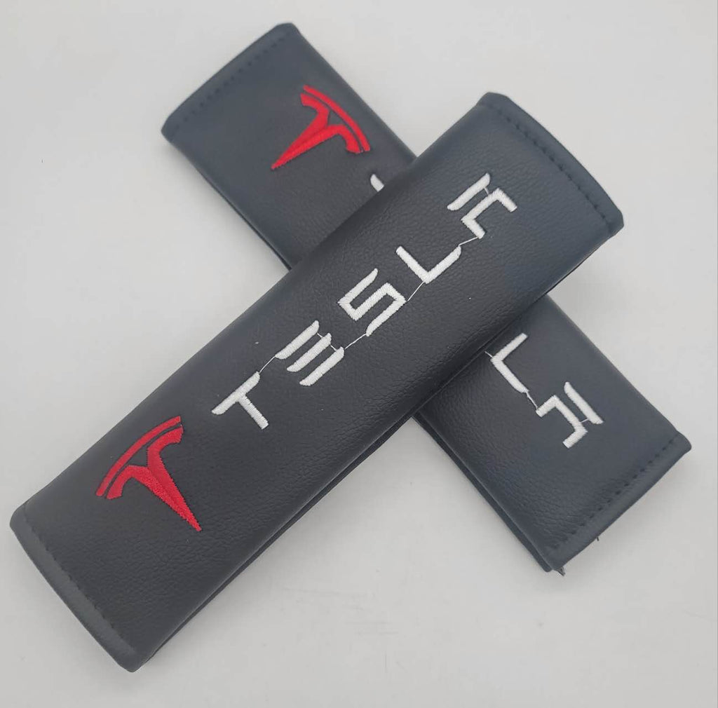 Brand New Universal 2PCS TESLA Black Leather Auto Car Seat Belt Covers Shoulder Pads Cushion