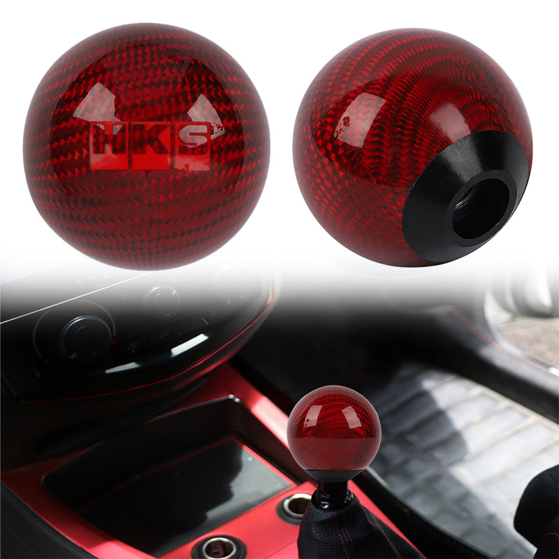 Brand New Universal HKS Car Gear Shift Knob Round Ball Shape Red Real Carbon Fiber M8 M10 M12