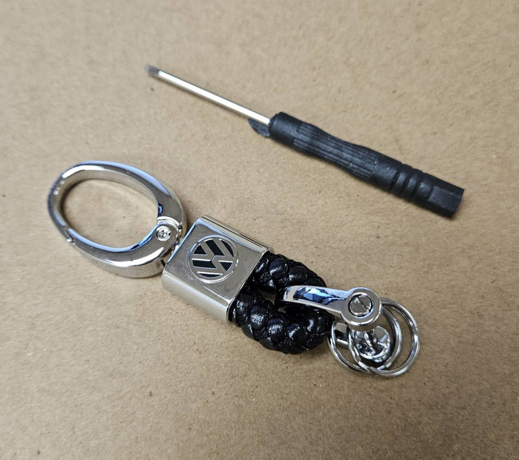 Brand New Volkswagen Small Black BV STYLE CALF Braided Leather Strap Keychain Keyring