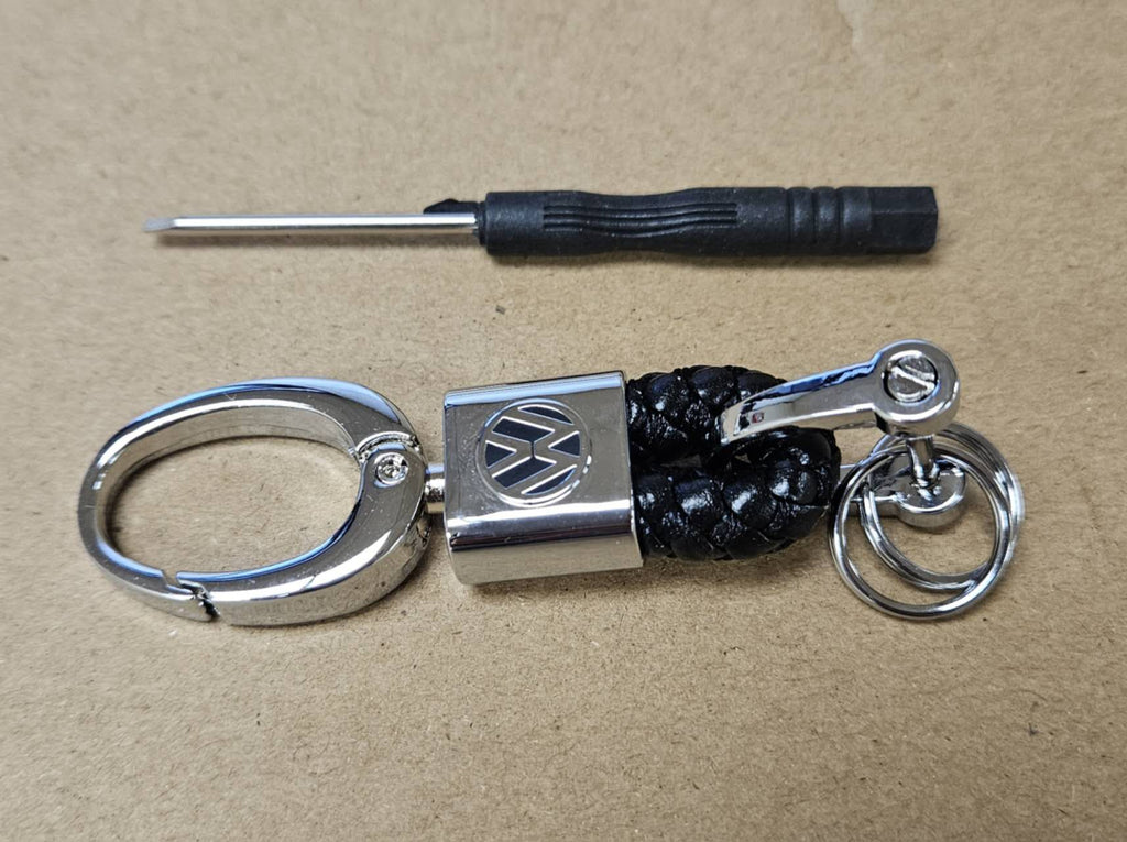 Brand New Volkswagen Small Black BV STYLE CALF Braided Leather Strap Keychain Keyring