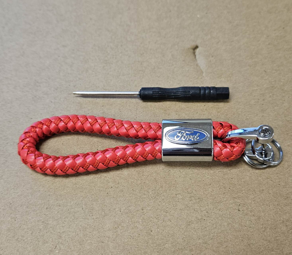 Brand New Ford Red BV STYLE CALF Braided Leather Strap Keychain Keyring