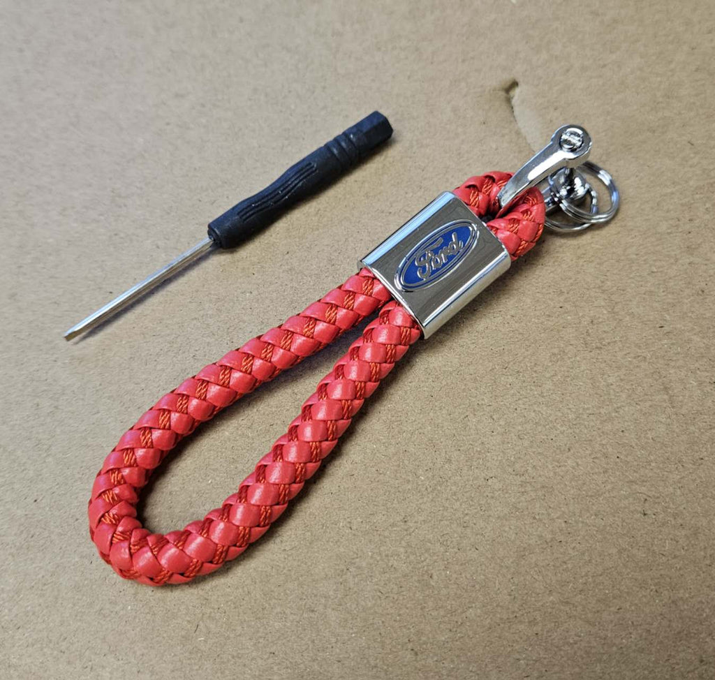 Brand New Ford Red BV STYLE CALF Braided Leather Strap Keychain Keyring