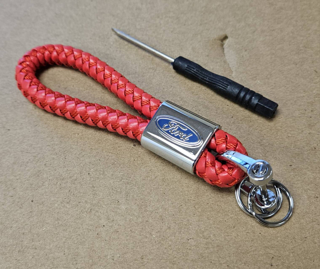 Brand New Ford Red BV STYLE CALF Braided Leather Strap Keychain Keyring