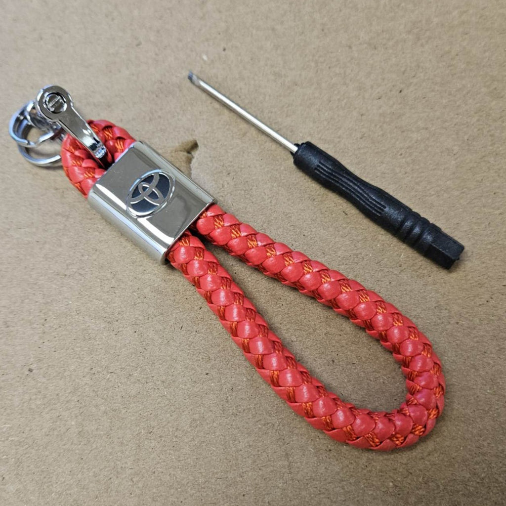 Brand New Toyota Red BV STYLE CALF Braided Leather Strap Keychain Keyring