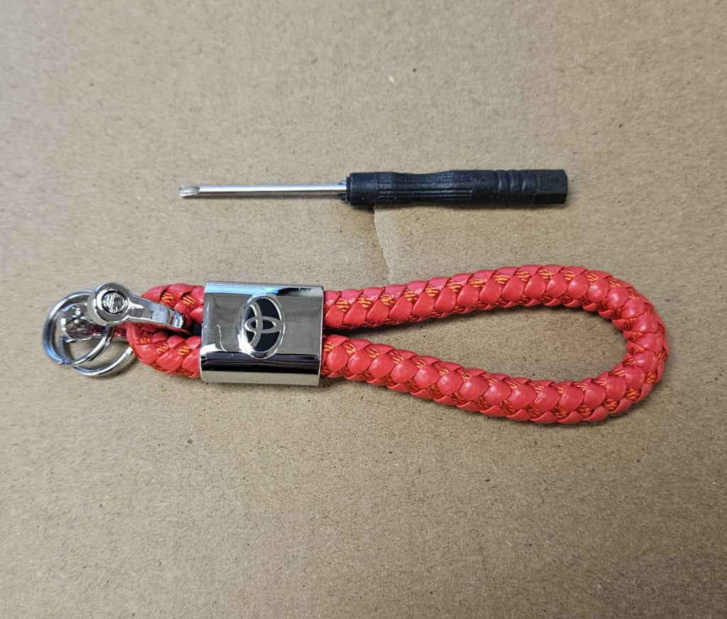 Brand New Toyota Red BV STYLE CALF Braided Leather Strap Keychain Keyring