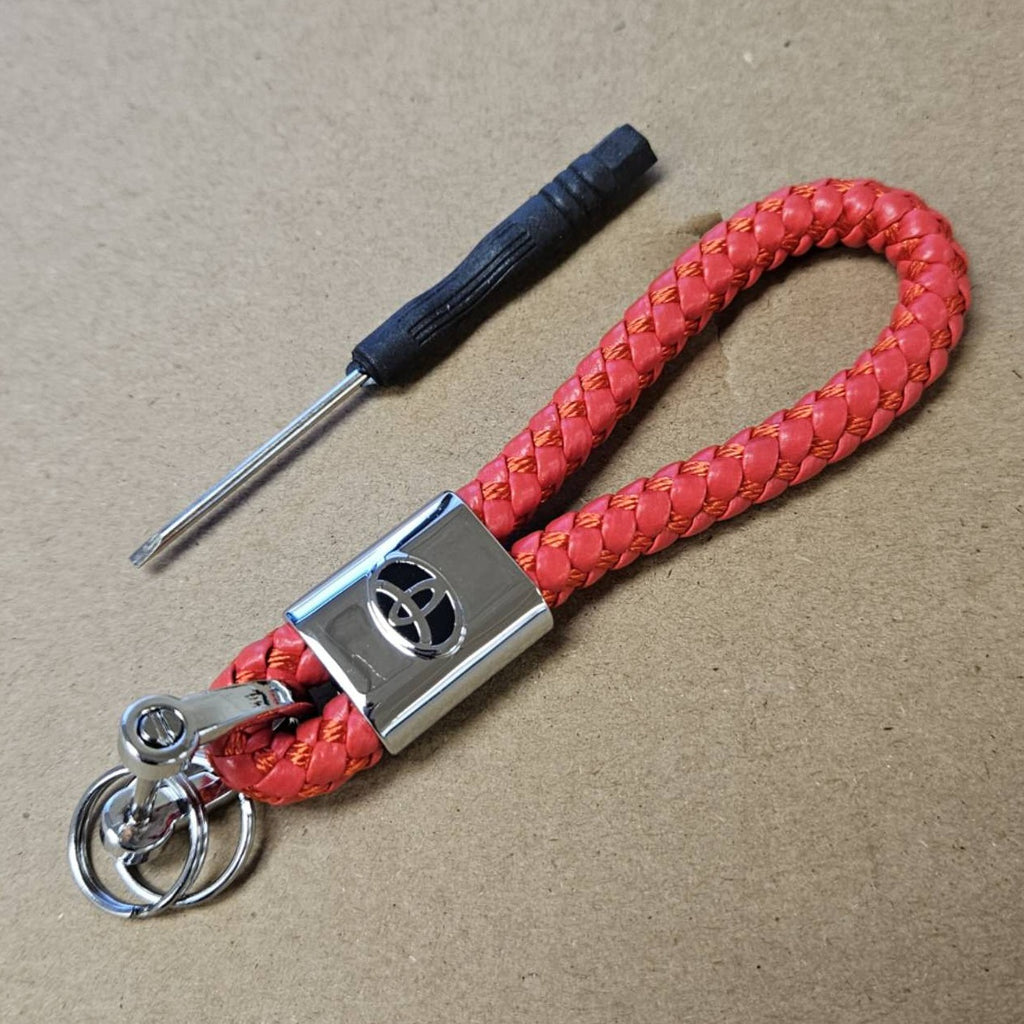 Brand New Toyota Red BV STYLE CALF Braided Leather Strap Keychain Keyring