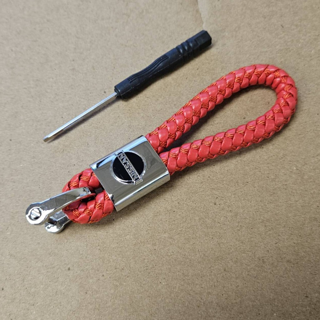 Brand New Nissan Red BV STYLE CALF Braided Leather Strap Keychain Keyring