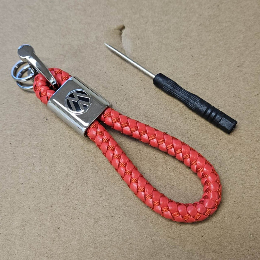 Brand New Volkswagen Red BV STYLE CALF Braided Leather Strap Keychain Keyring