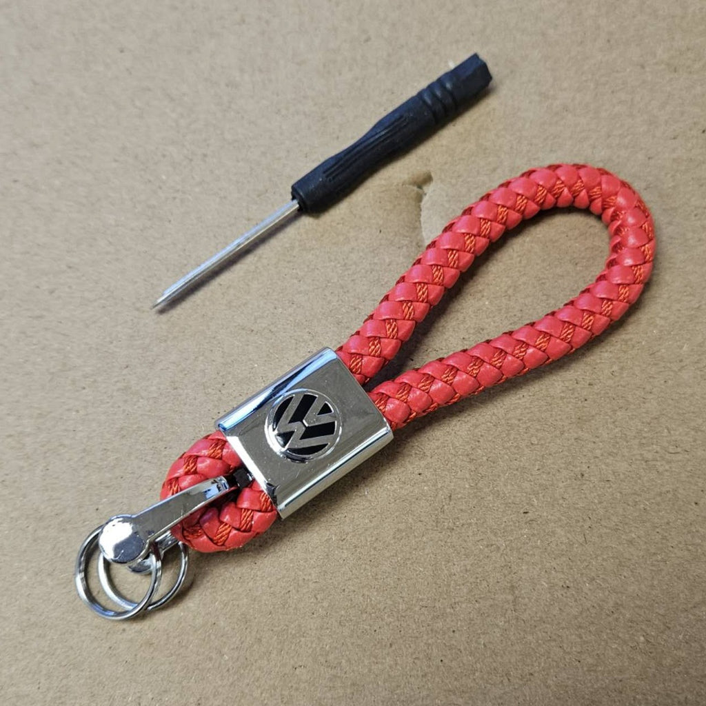 Brand New Volkswagen Red BV STYLE CALF Braided Leather Strap Keychain Keyring