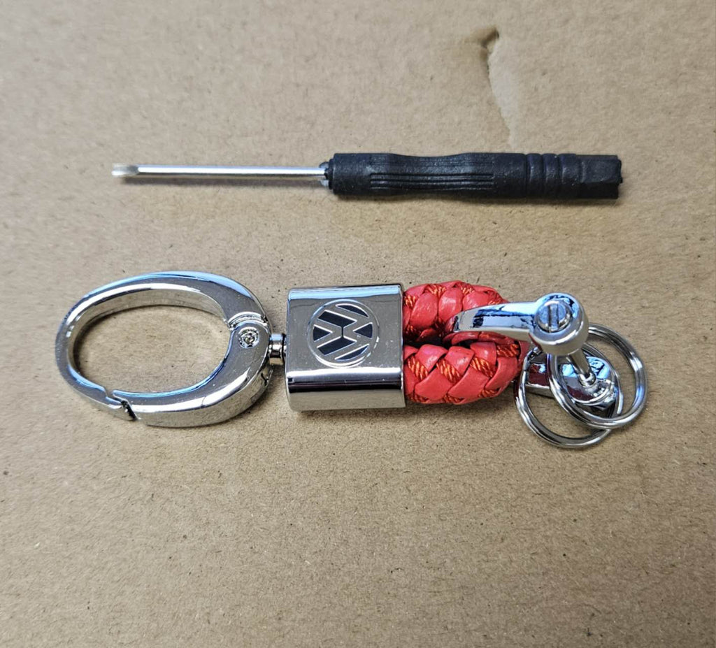 Brand New Volkswagen Small Red BV STYLE CALF Braided Leather Strap Keychain Keyring