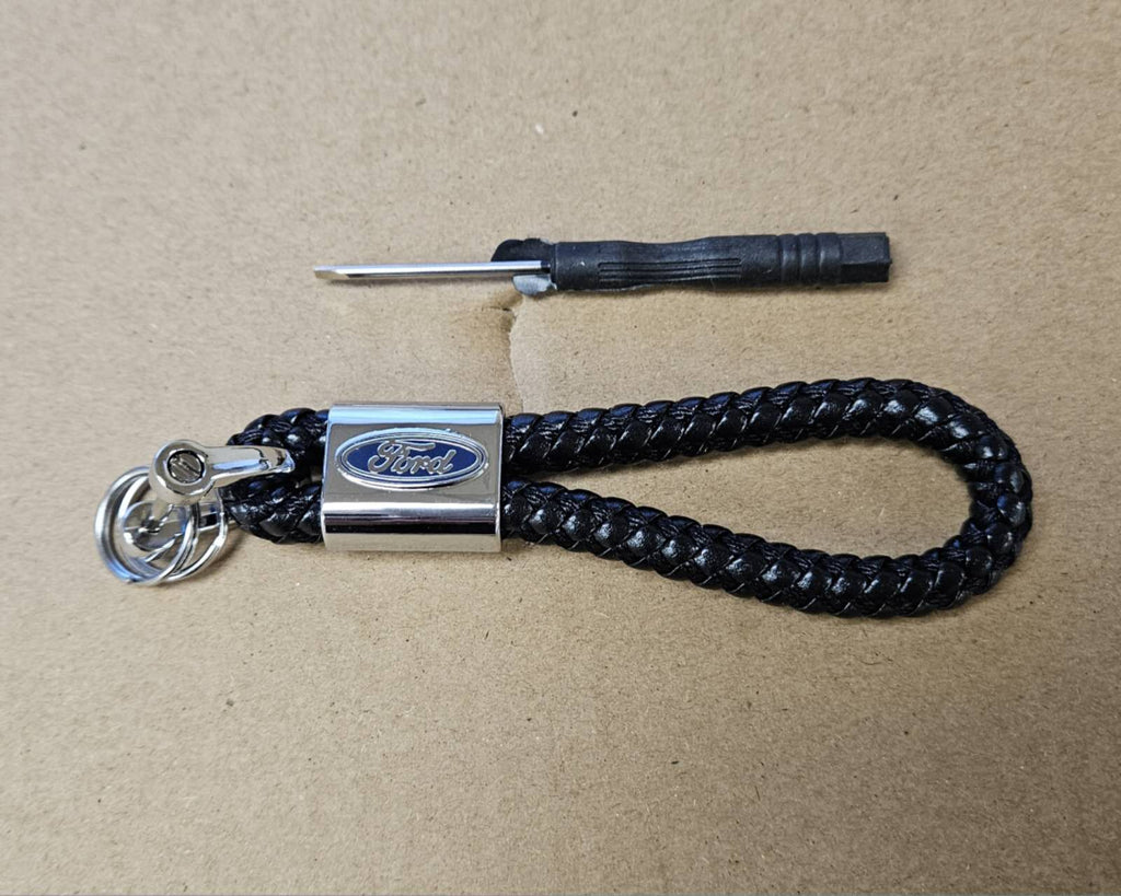 Brand New Ford Black BV STYLE CALF Braided Leather Strap Keychain Keyring