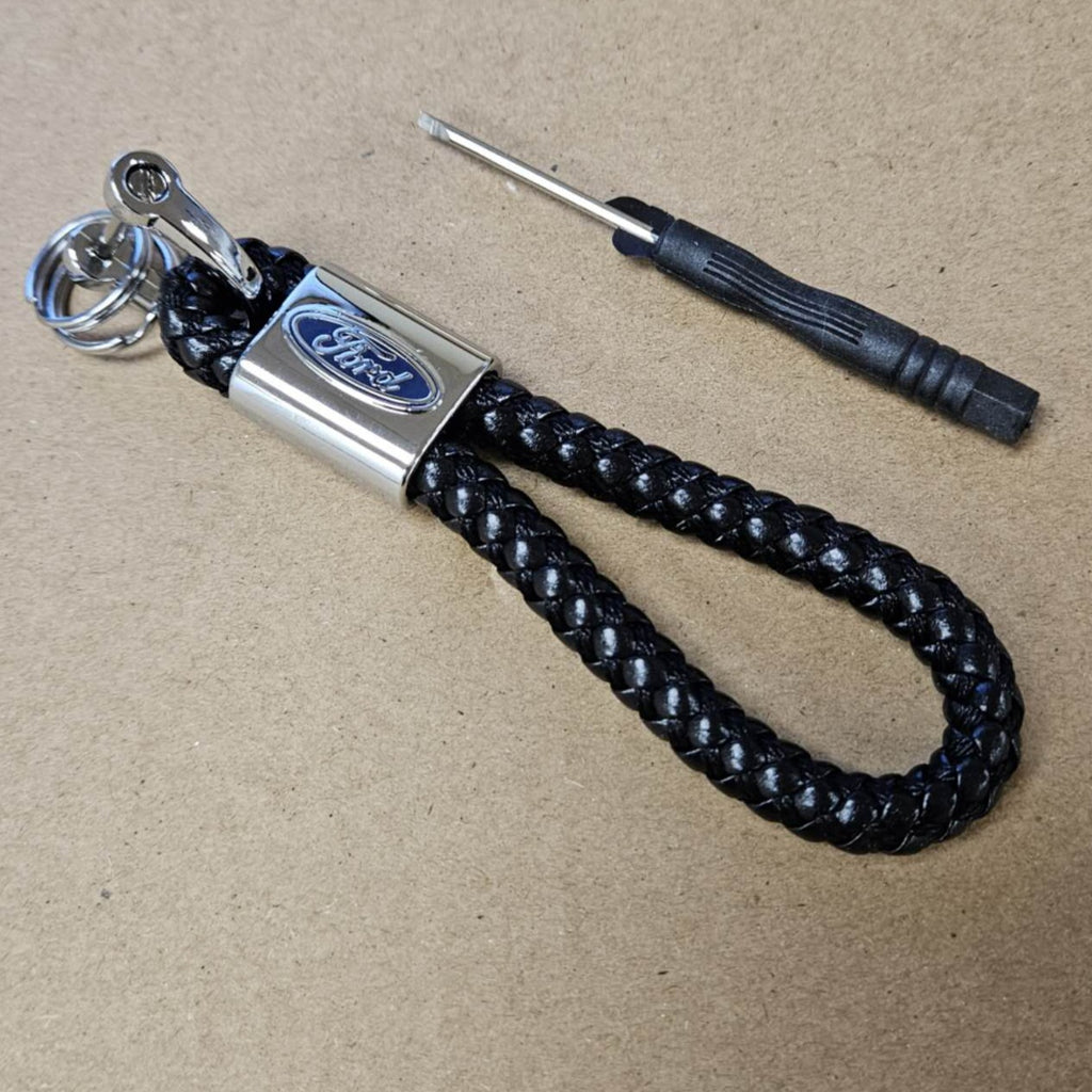 Brand New Ford Black BV STYLE CALF Braided Leather Strap Keychain Keyring