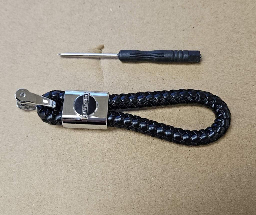 Brand New Nissan Black BV STYLE CALF Braided Leather Strap Keychain Keyring