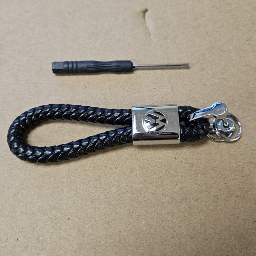 Brand New Volkswagen Black BV STYLE CALF Braided Leather Strap Keychain Keyring