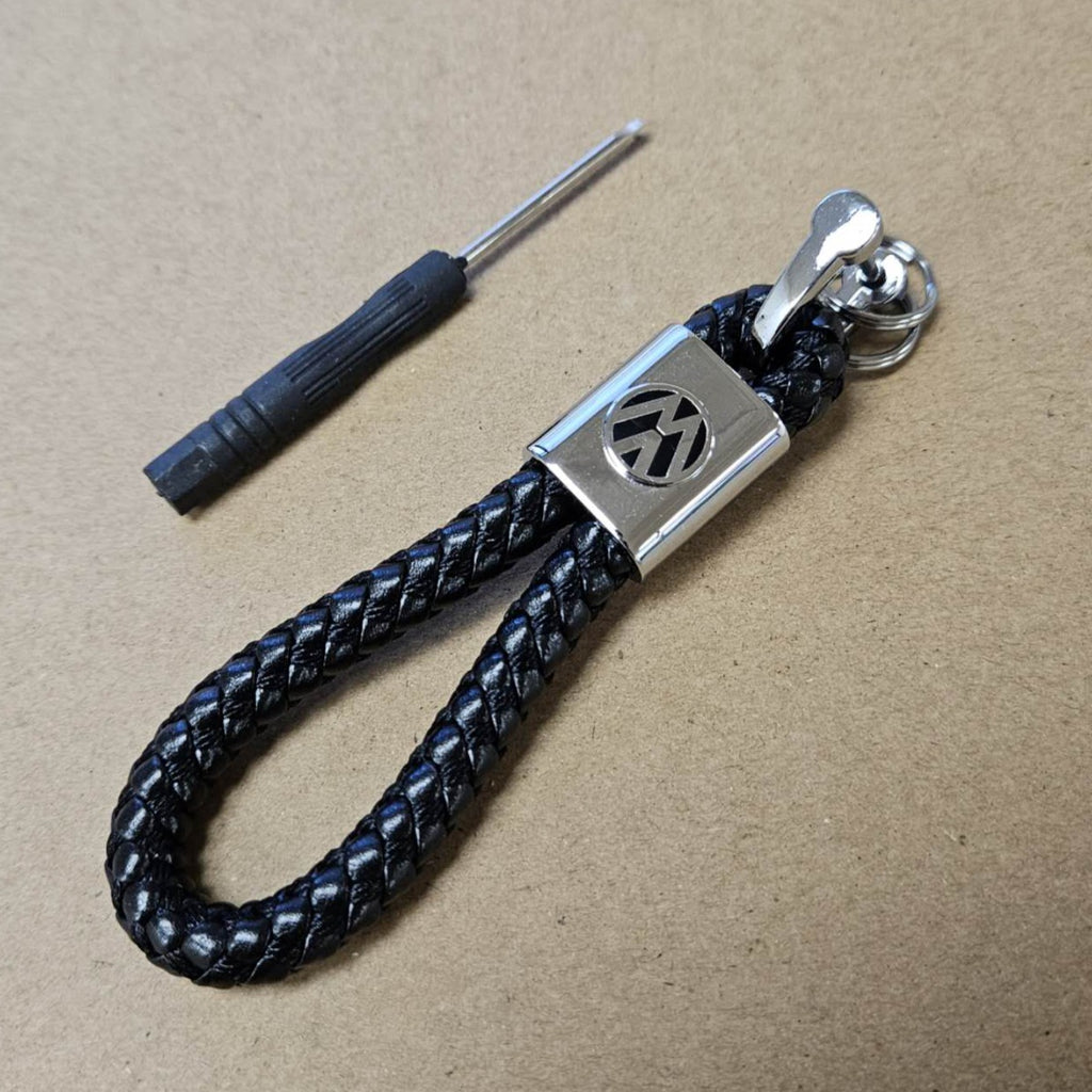 Brand New Volkswagen Black BV STYLE CALF Braided Leather Strap Keychain Keyring