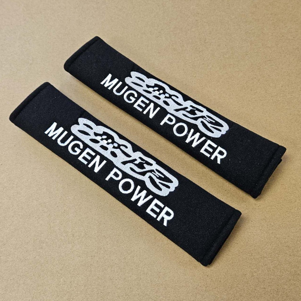 Brand New 2PCS JDM MUGEN POWER Black Racing Logo Embroidery Seat Belt Cover Shoulder Pads