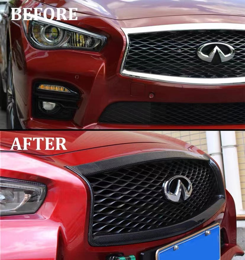 BRAND NEW 2014-2017 INFINITI Q50 S REAL CARBON FIBER FRONT GRILL OUTLINE TRIM COVER OVERLAY