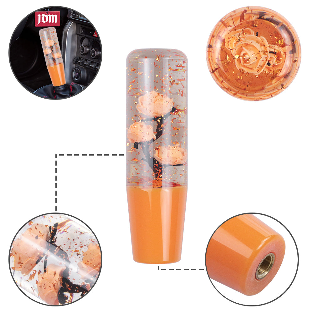 Brand New Universal 150mm Sakura Orange Glitter Rose Flowers Manual Car Gear Stick Shift Knob M8 M10 M12