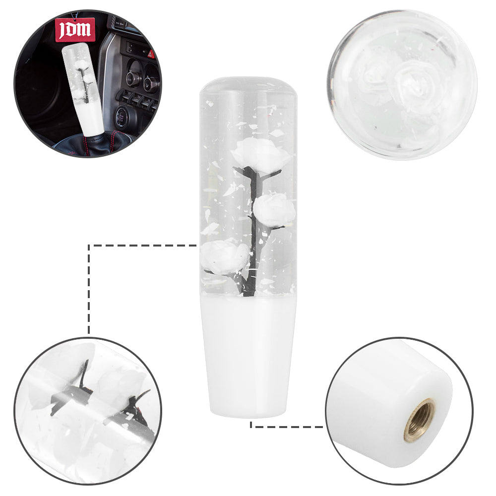 Brand New Universal 150mm Sakura White Glitter Rose Flowers Manual Car Gear Stick Shift Knob M8 M10 M12