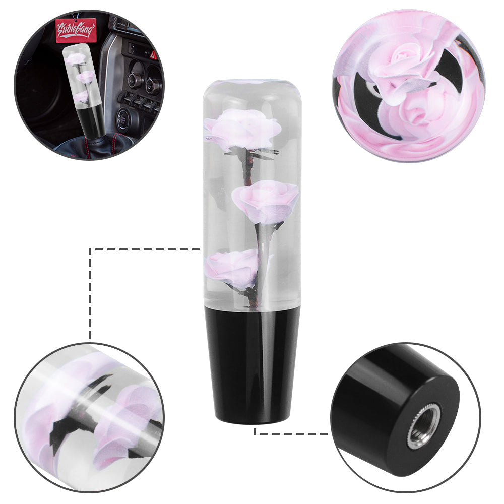 Brand New 1PCS Universal 15CM JDM Clear Pink Rose Flowers Manual Car Black Base Racing Stick Shift Knob M8 M10 M12