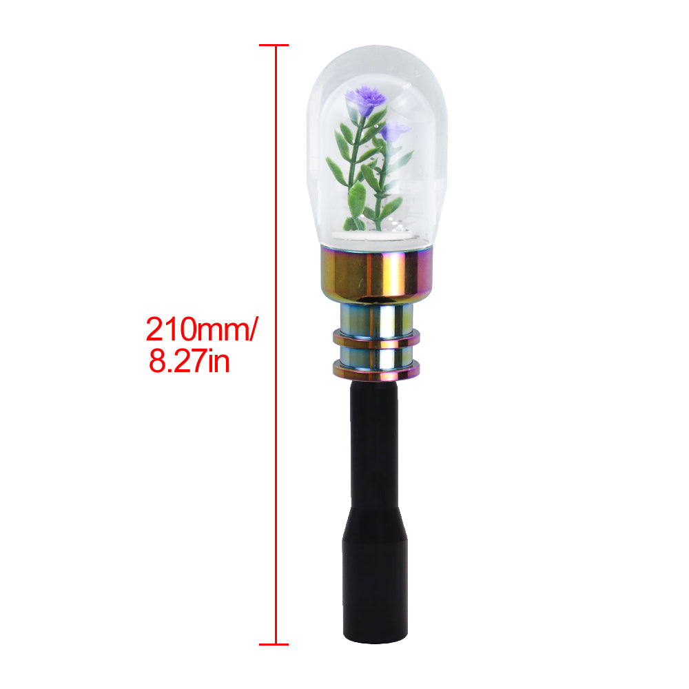 Brand New Acrylic Clear Crystal Purple Flower Long Manuel Gear Stick Shift Knob M8 M10 M12 & Black Shifter Extender Extension