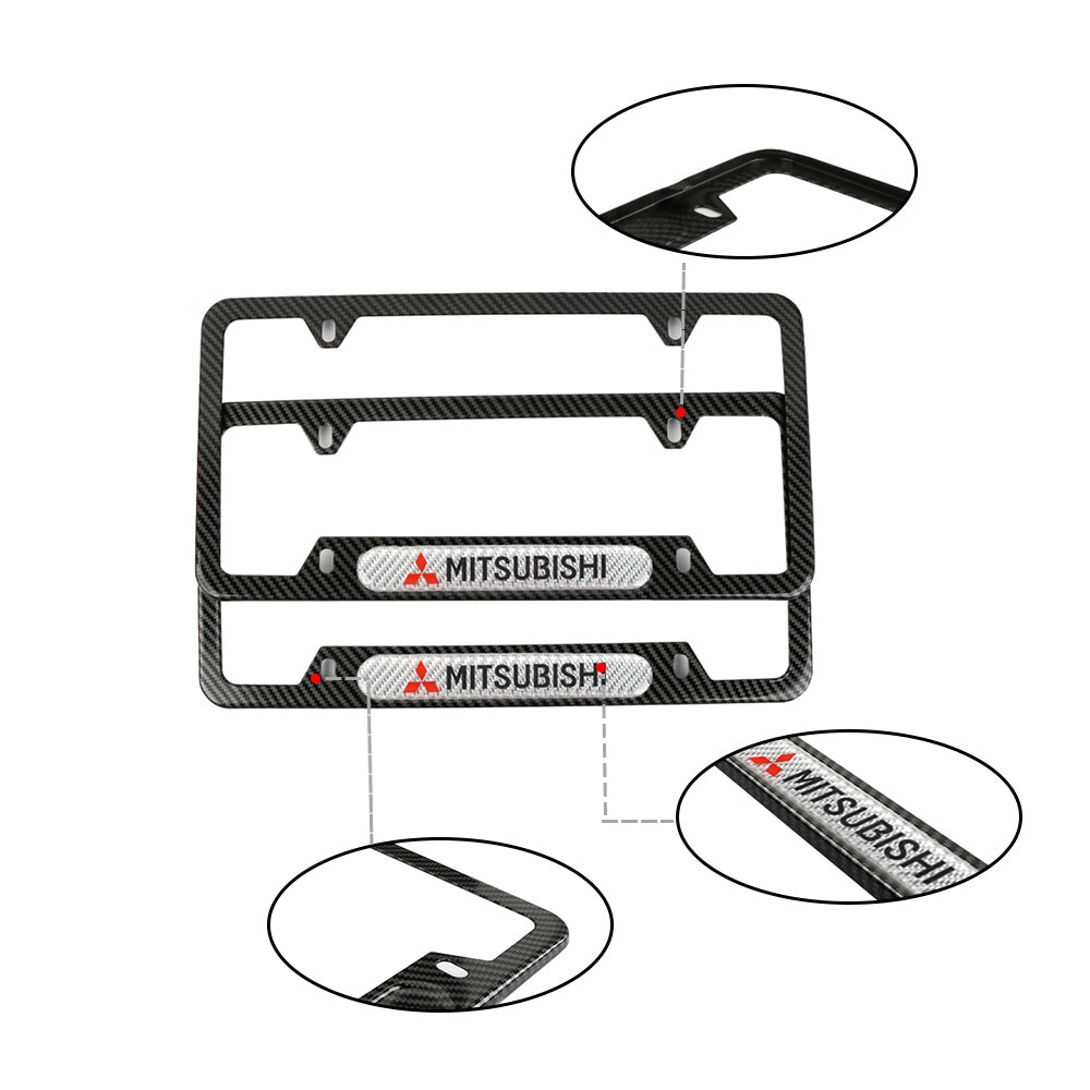 Brand New Universal 2PCS MITSUBISHI Carbon Fiber Look Metal License Plate Frame