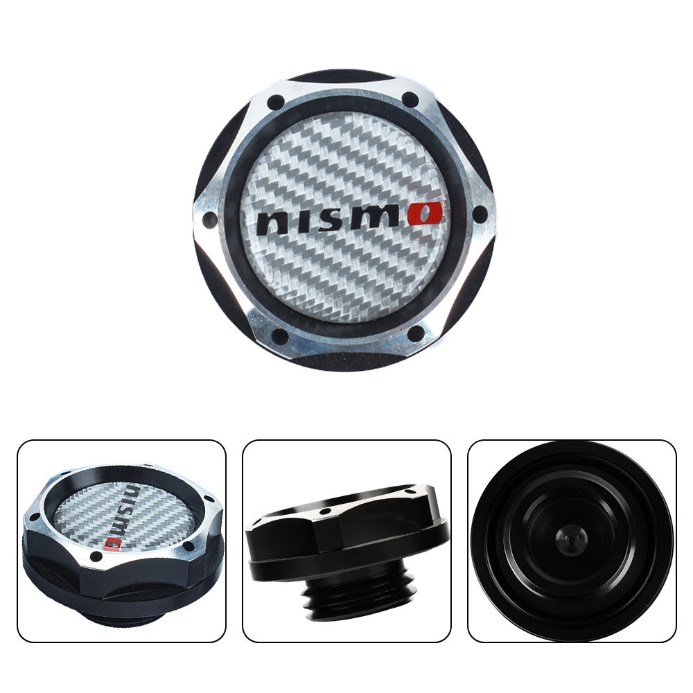 Brand New Nissan Black Engine Oil Cap With Real Carbon Fiber Silver Nismo Sticker Emblem