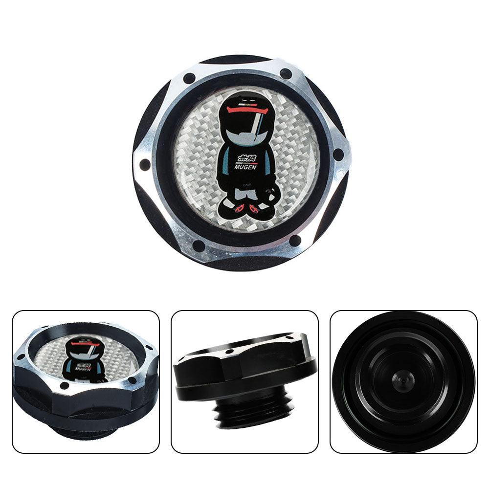 Brand New Honda / Acura Black Engine Oil Cap With Real Carbon Fiber Silver Mugen Racer Sticker Emblem