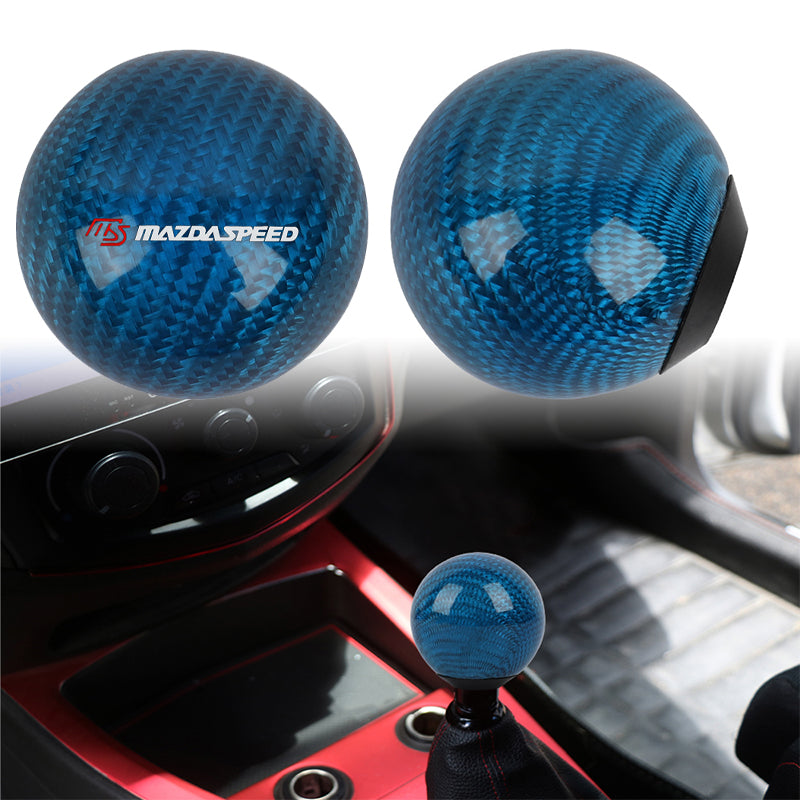 Brand New Universal Mazdaspeed Car Gear Shift Knob Round Ball Shape Blue Real Carbon Fiber M8 M10 M12