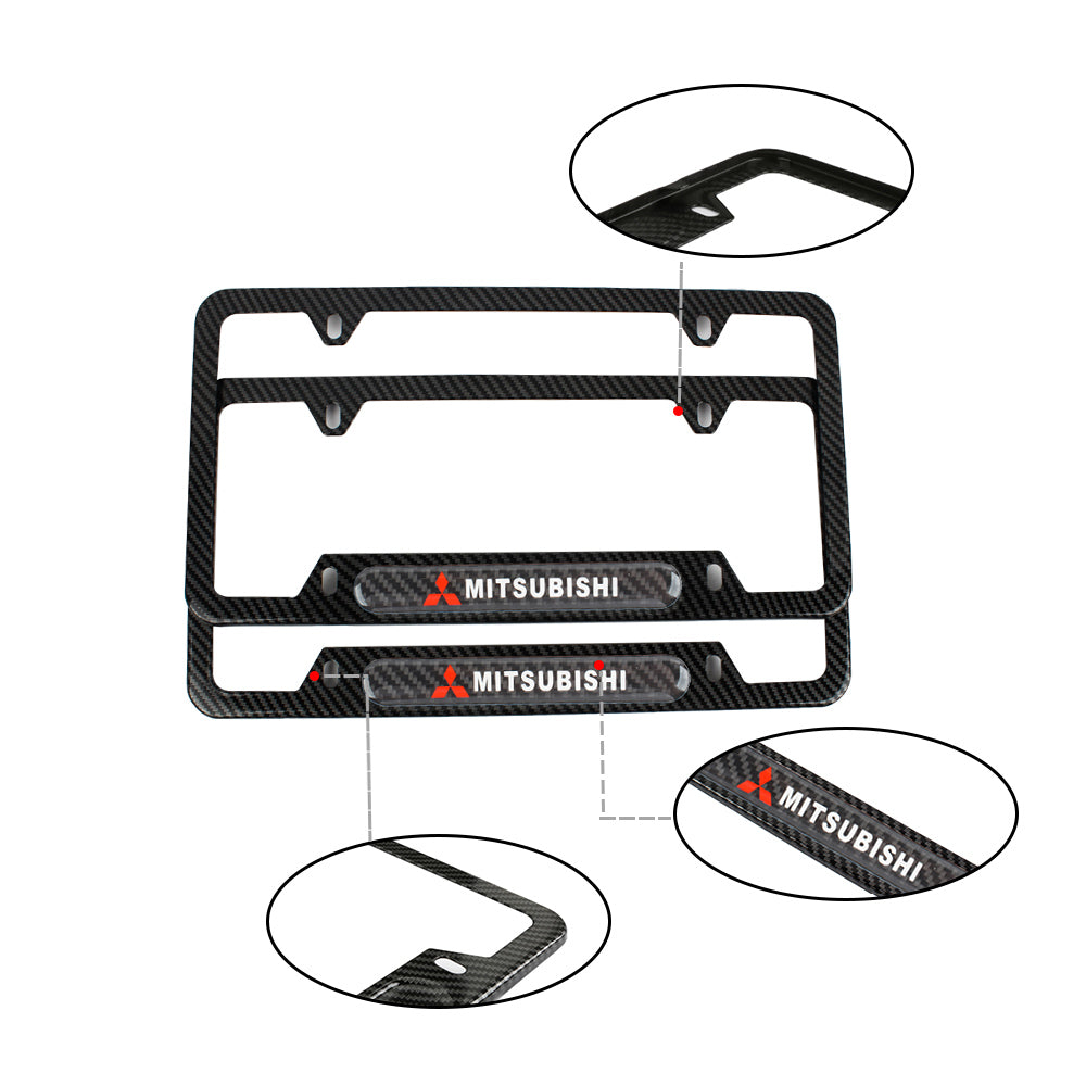 Brand New Universal 2PCS MITSUBISHI Carbon Fiber Look Metal License Plate Frame