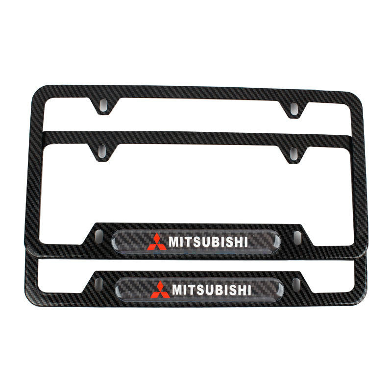 Brand New Universal 2PCS MITSUBISHI Carbon Fiber Look Metal License Plate Frame