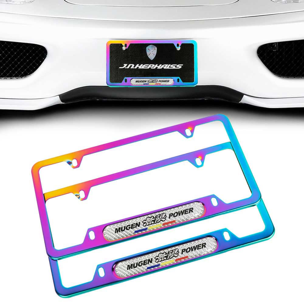 Brand New Universal 2PCS Mugen Power Neo Chrome Metal License Plate Frame