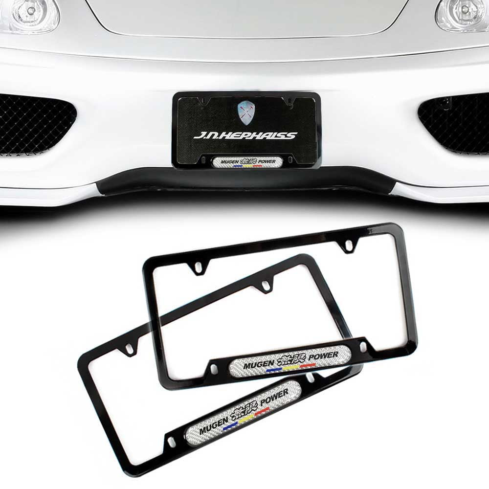 Brand New Universal 2PCS Mugen Power Glossy Black Metal License Plate Frame