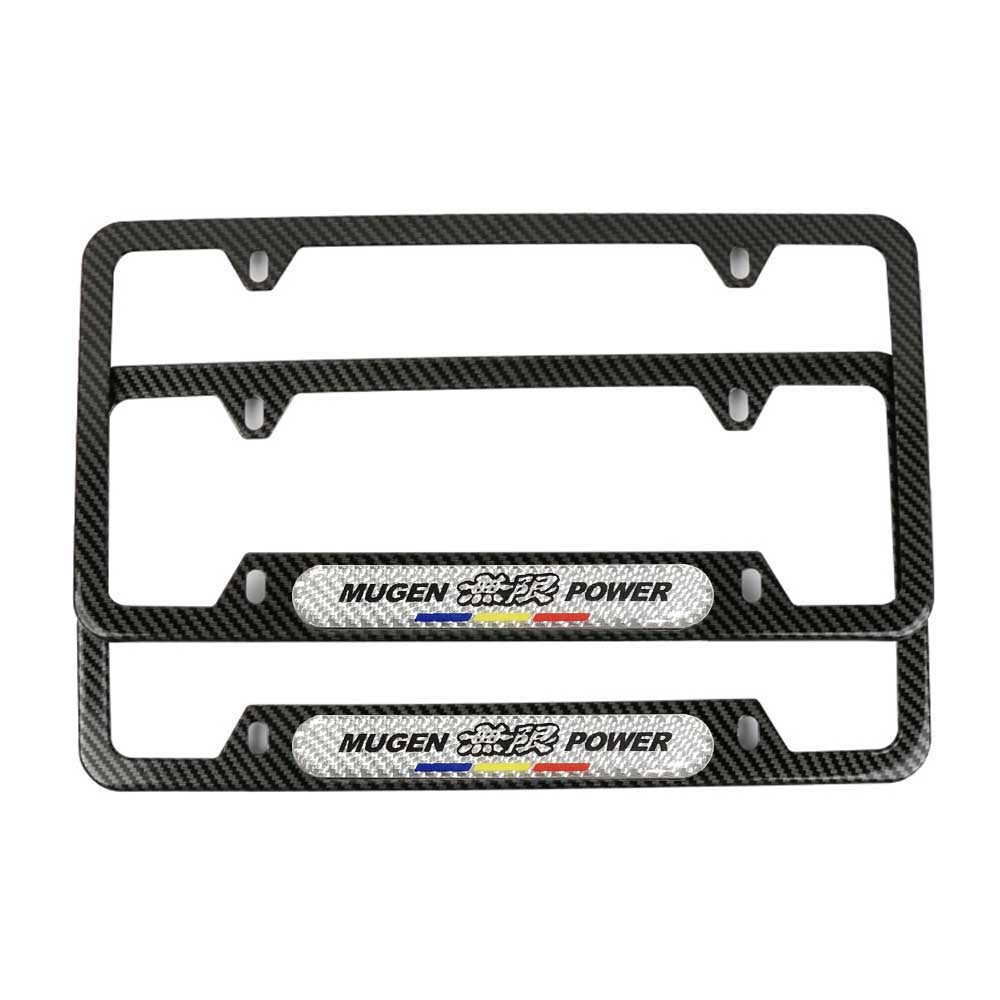 Brand New Universal 2PCS Mugen Power Carbon Fiber Look Metal License Plate Frame