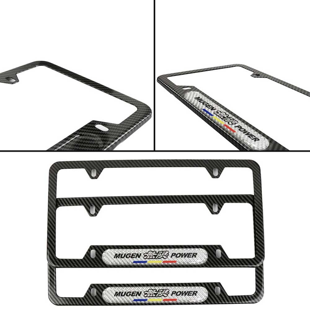 Brand New Universal 2PCS Mugen Power Carbon Fiber Look Metal License Plate Frame