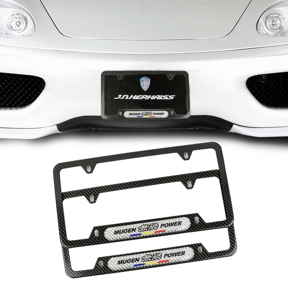 Brand New Universal 2PCS Mugen Power Carbon Fiber Look Metal License Plate Frame