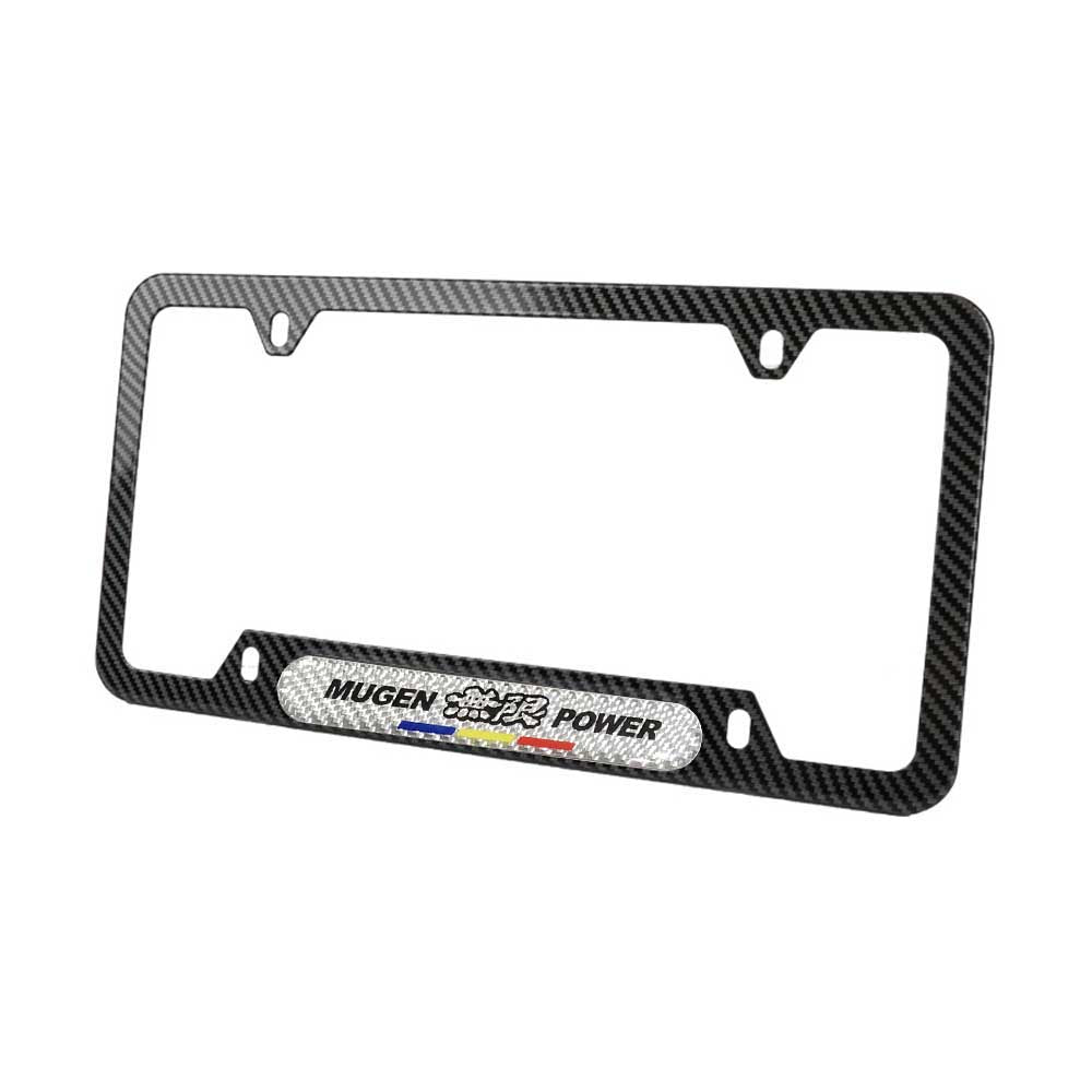 Brand New Universal 2PCS Mugen Power Carbon Fiber Look Metal License Plate Frame