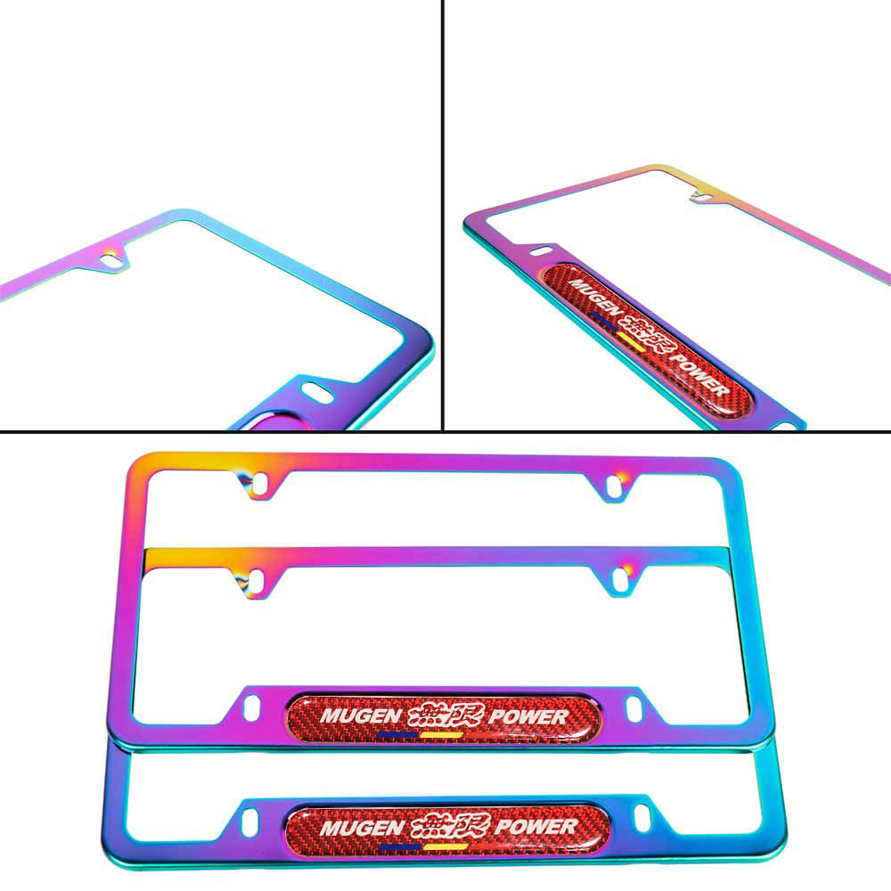 Brand New Universal 2PCS Mugen Power Neo Chrome Metal License Plate Frame