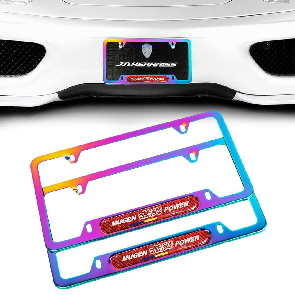 Brand New Universal 2PCS Mugen Power Neo Chrome Metal License Plate Frame